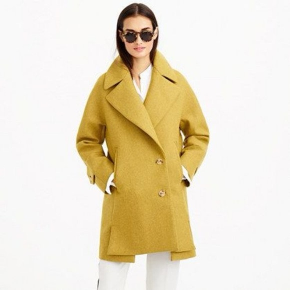 J.CREW Melton Wool Swing Coat Mustard Chartreuse Asymmetrical Jacket Size 2